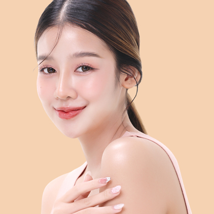 Close-up portrait of young Asian beautiful woman with K-beauty make up style and healthy and perfect skin isolated on beige background for skincare commercial product advertising.